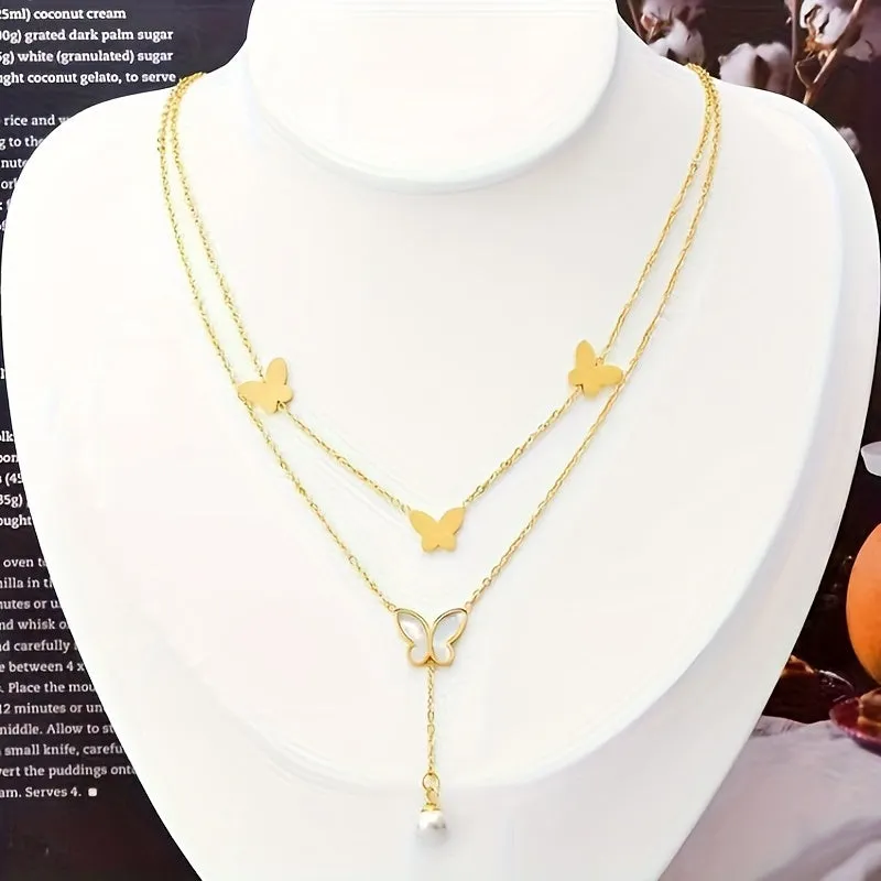 1pc Stainless Steel 18K Gold Plated Double Layered Butterfly Necklace, Elegant And Romantic Style, Ideal For Gift-giving Lady, Daily Commute And Holiday Party Wear