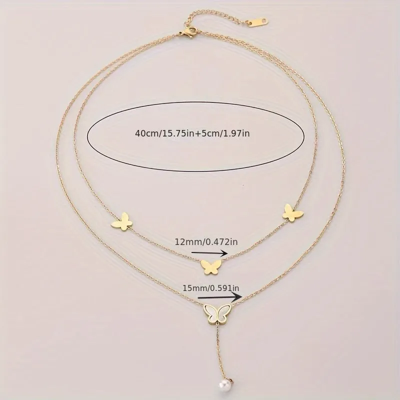 1pc Stainless Steel 18K Gold Plated Double Layered Butterfly Necklace, Elegant And Romantic Style, Ideal For Gift-giving Lady, Daily Commute And Holiday Party Wear