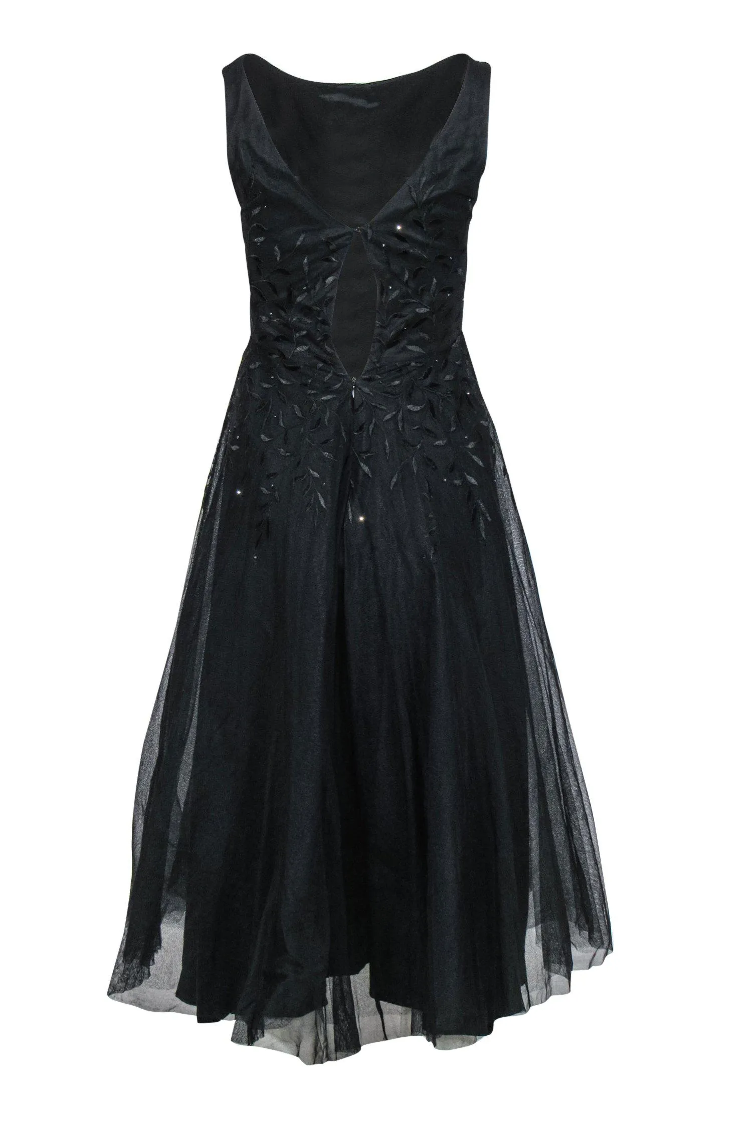 ABS Evening - Black Sleeveless Tulle A-Line Dress w/ Floral Embroidery & Rhinestones Sz 4