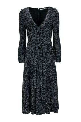 Alice & Olivia - Black & Silver Metallic Long Sleeve Waist Tie Dress Sz 8