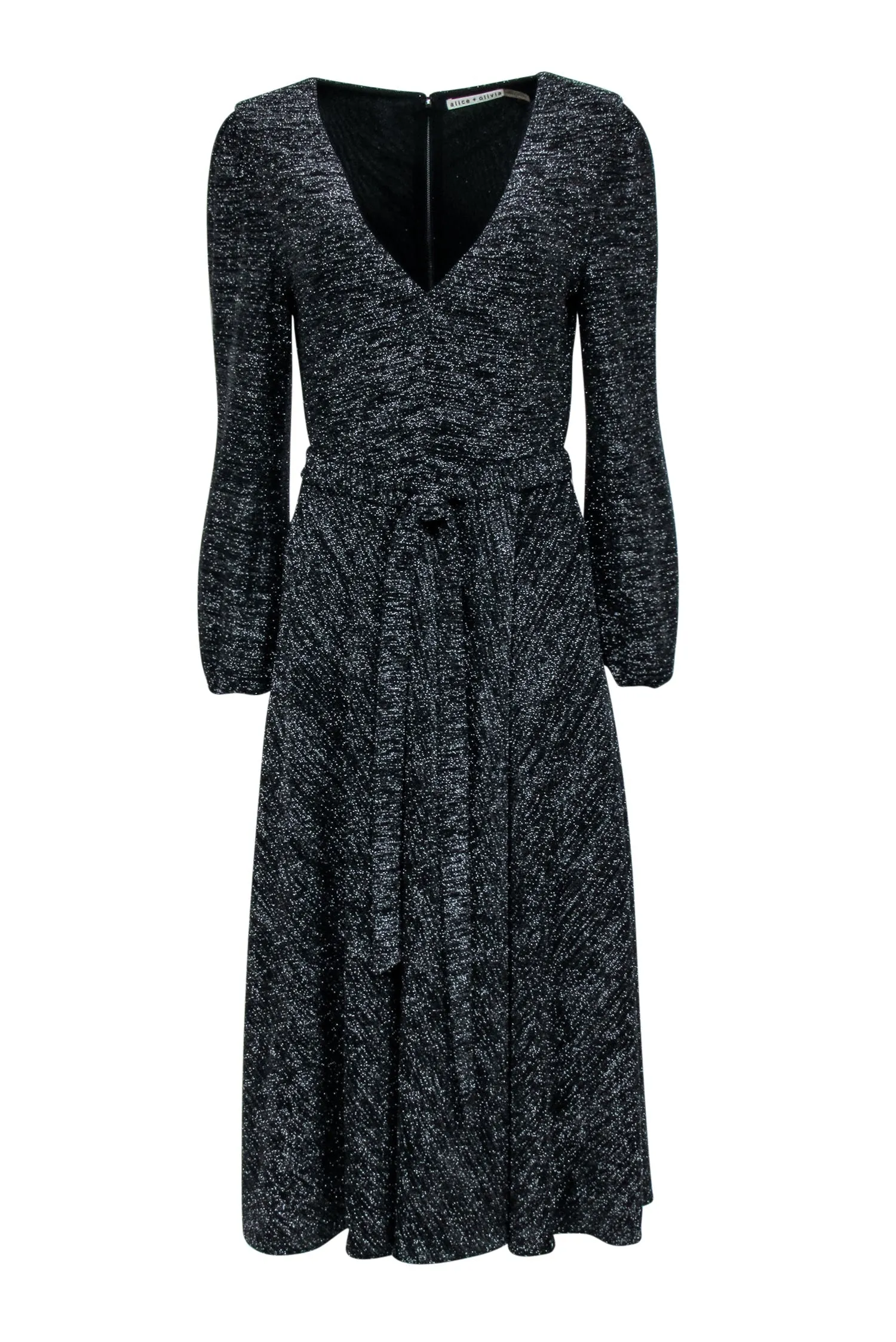 Alice & Olivia - Black & Silver Metallic Long Sleeve Waist Tie Dress Sz 8