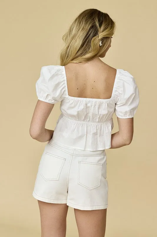 Amelia Poplin Puff Sleeve Top (White)