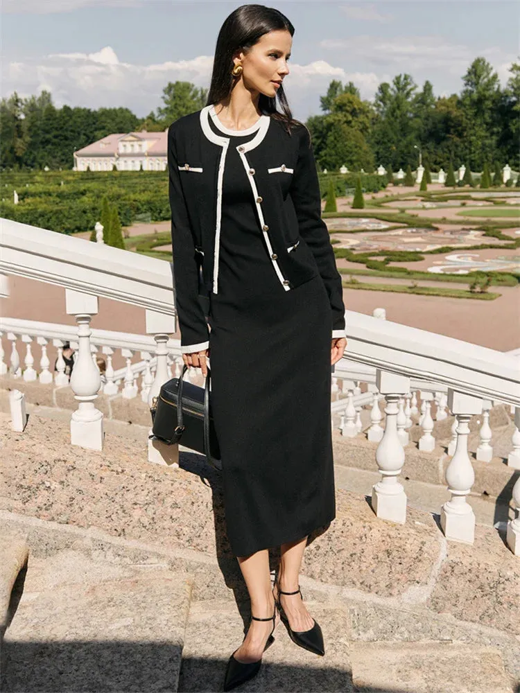 Amozae Knit 2 Piece-Set Autumn Long Dress Women Pocket Sweater Cardigan Coat And Maxi Dress Sets Elegant Knitwear Outfits Female