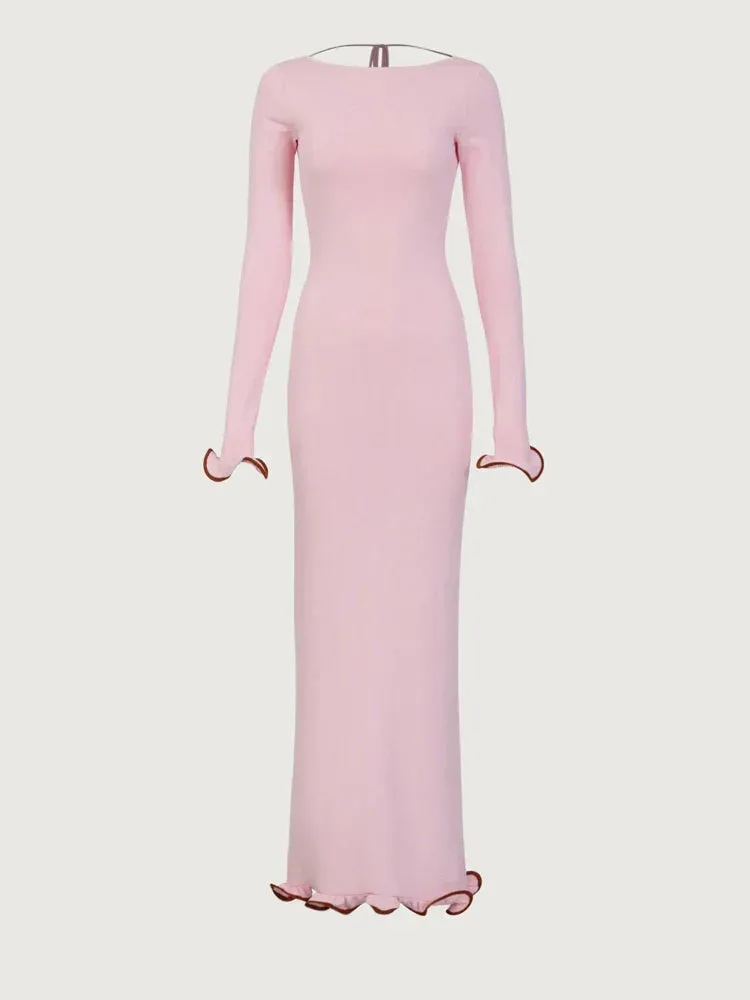 Amozae Knit Sweater Ruffled Long Dress Women Backless Fashion Ribbed Long Sleeve Elegant Party Dress Female Knitwear Autumn Dress