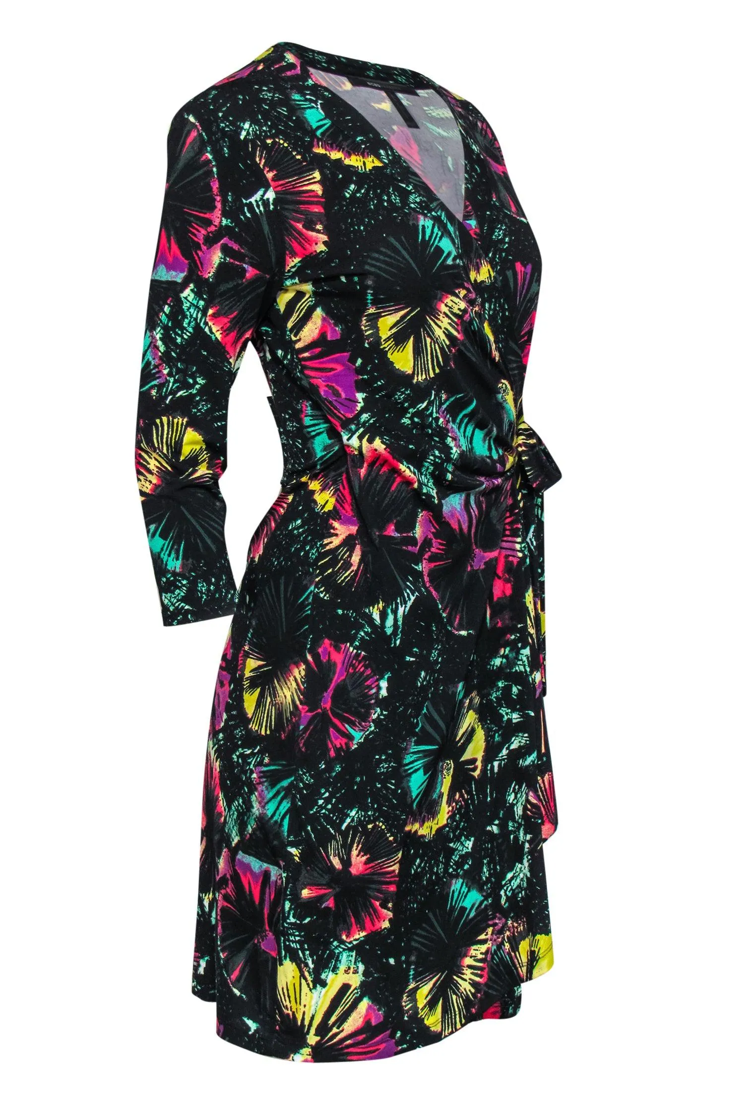 BCBG Max Azria - Black & Multicolor Printed Quarter Sleeve Wrap Dress Sz S
