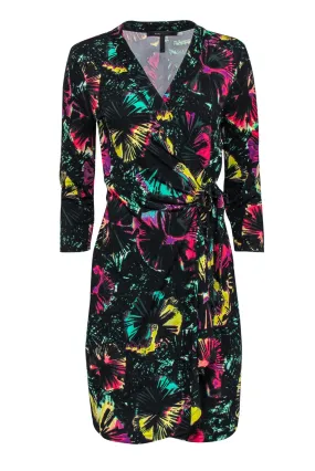 BCBG Max Azria - Black & Multicolor Printed Quarter Sleeve Wrap Dress Sz S