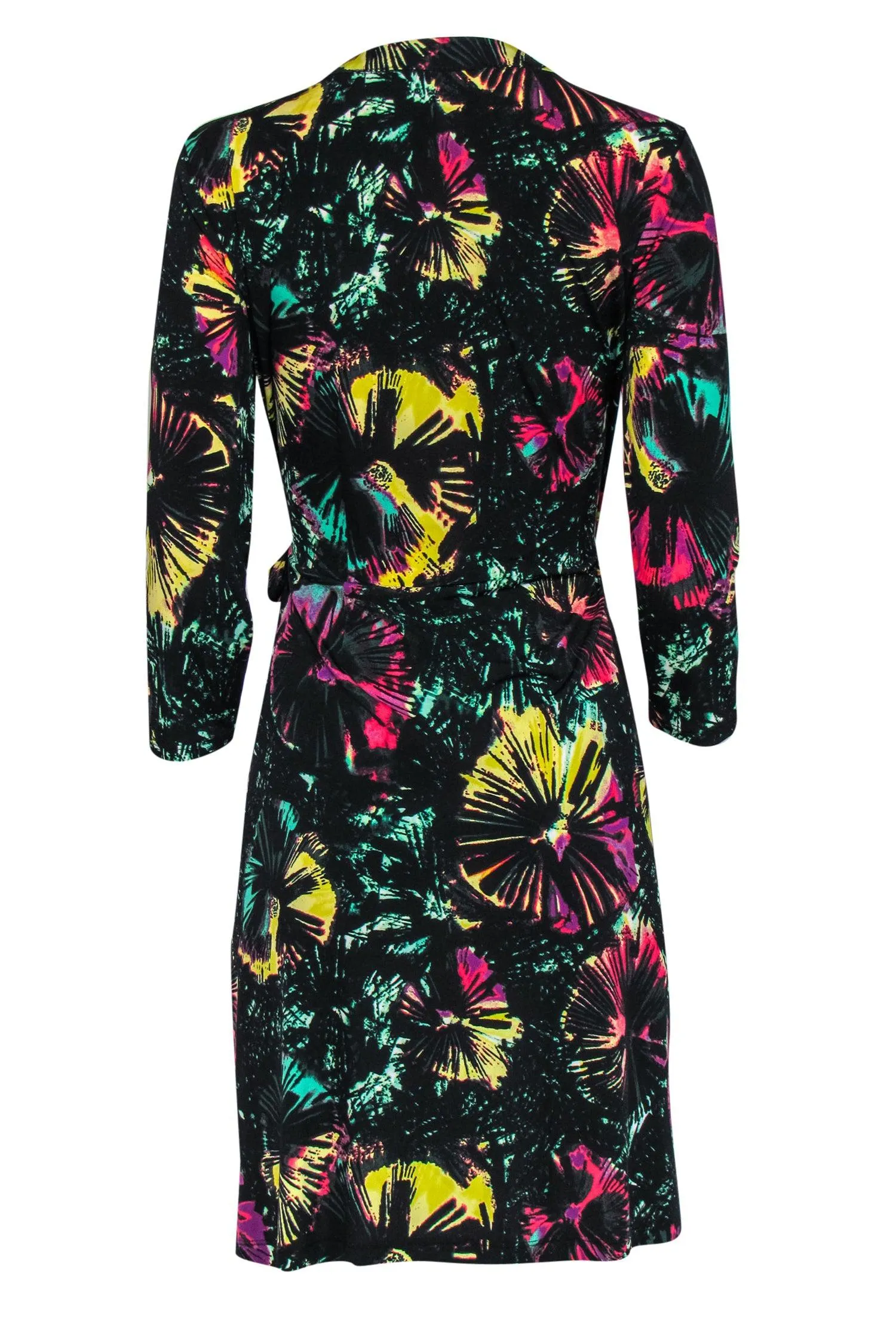 BCBG Max Azria - Black & Multicolor Printed Quarter Sleeve Wrap Dress Sz S