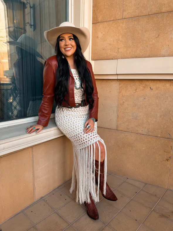 Brianna sweater fishnet dress with fringe
