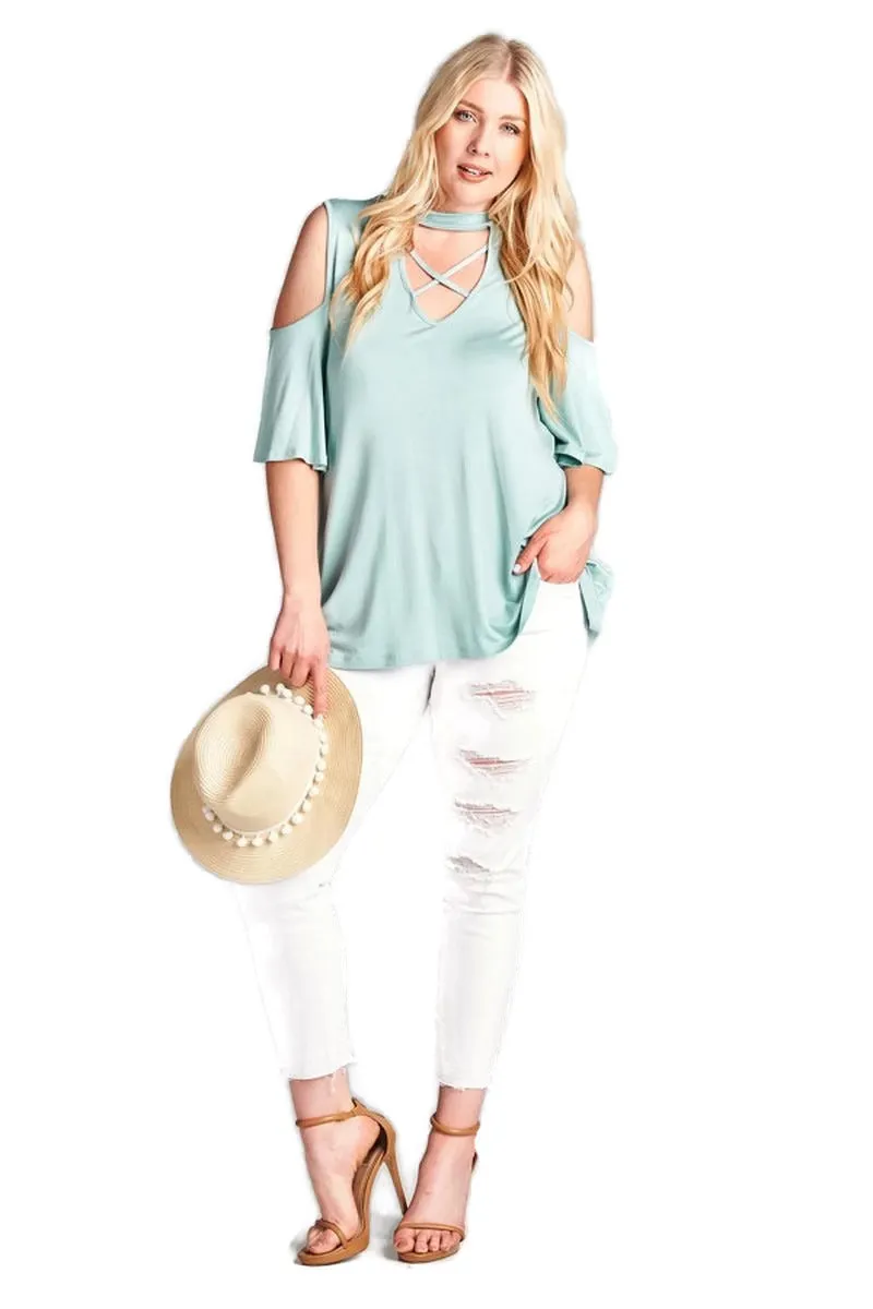 Caged Cold Shoulder Bell Sleeve Top, Sage