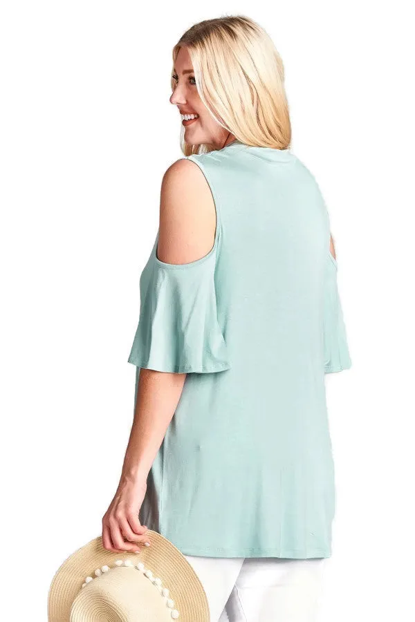 Caged Cold Shoulder Bell Sleeve Top, Sage