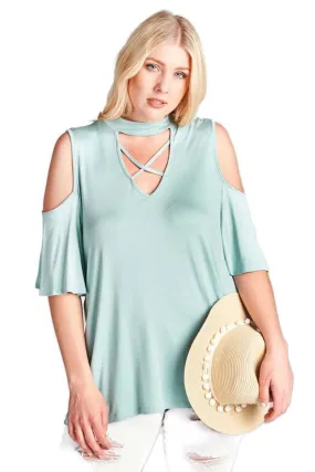 Caged Cold Shoulder Bell Sleeve Top, Sage