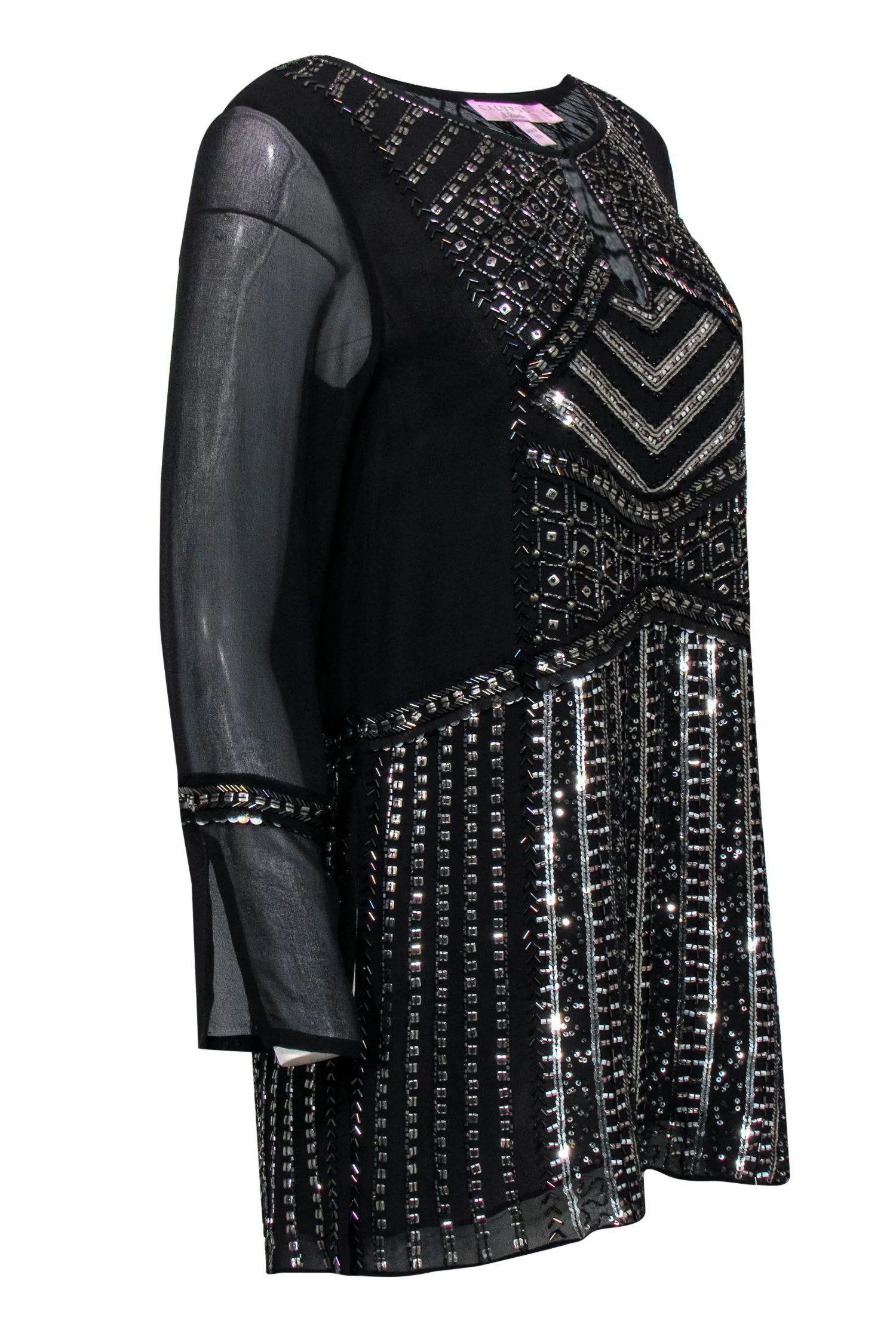 Calypso - Black Sequin & Beaded Long Sleeve Tunic Sz S
