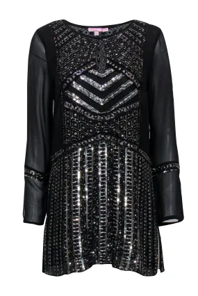 Calypso - Black Sequin & Beaded Long Sleeve Tunic Sz S