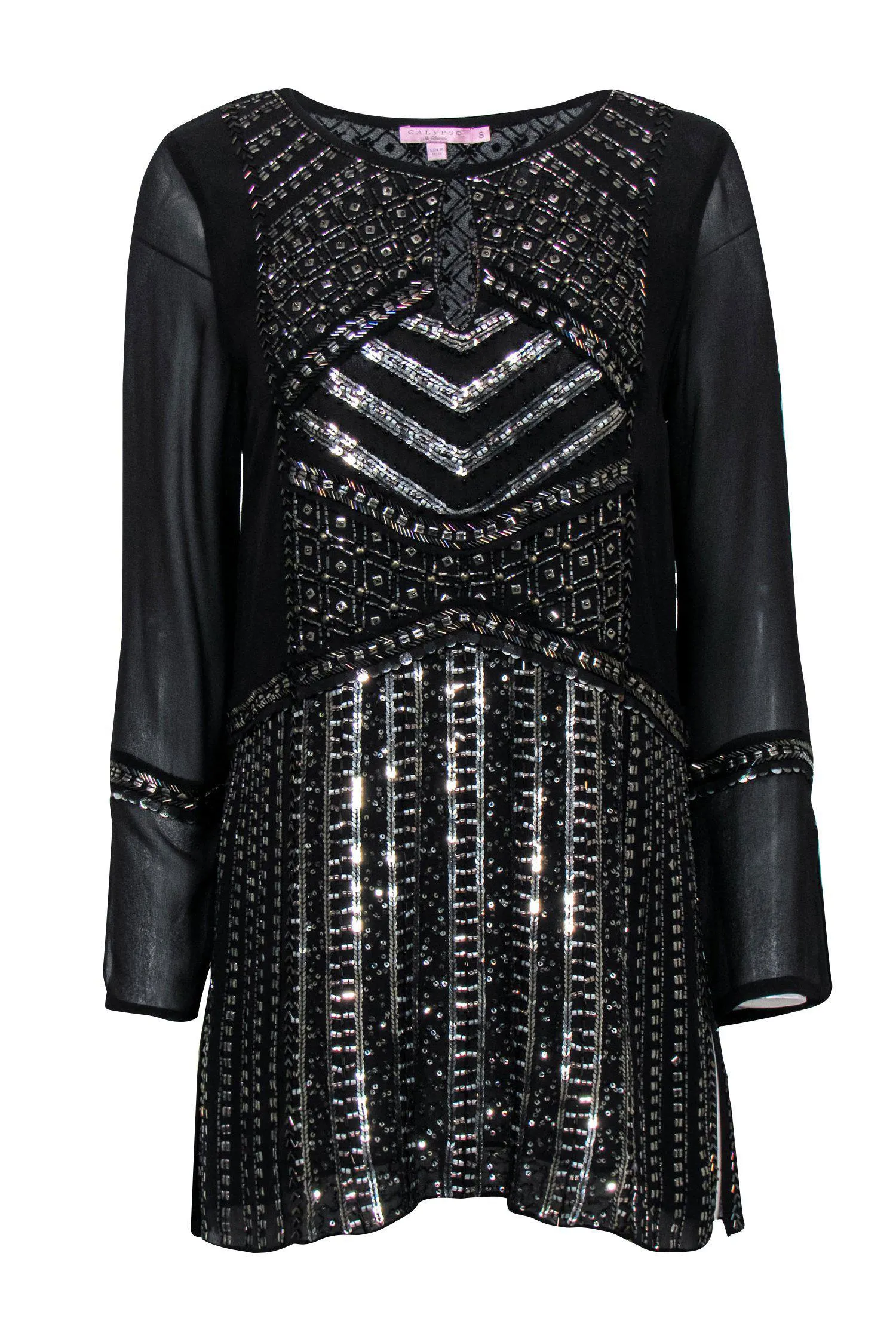 Calypso - Black Sequin & Beaded Long Sleeve Tunic Sz S