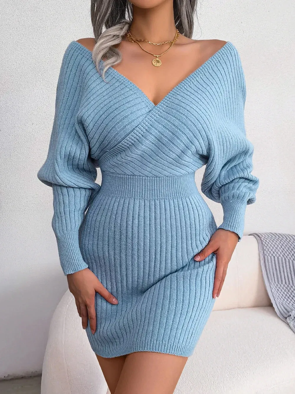 Casual Spring Sweater 2024 White Blue Bodycon Long Knitted Green New Sleeve Dress