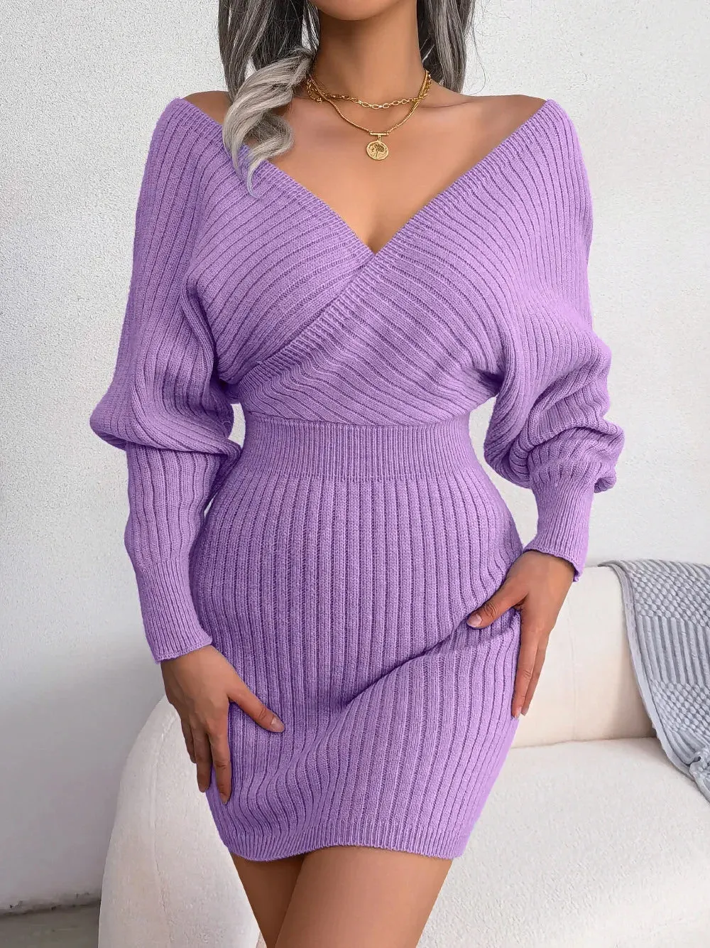 Casual Spring Sweater 2024 White Blue Bodycon Long Knitted Green New Sleeve Dress