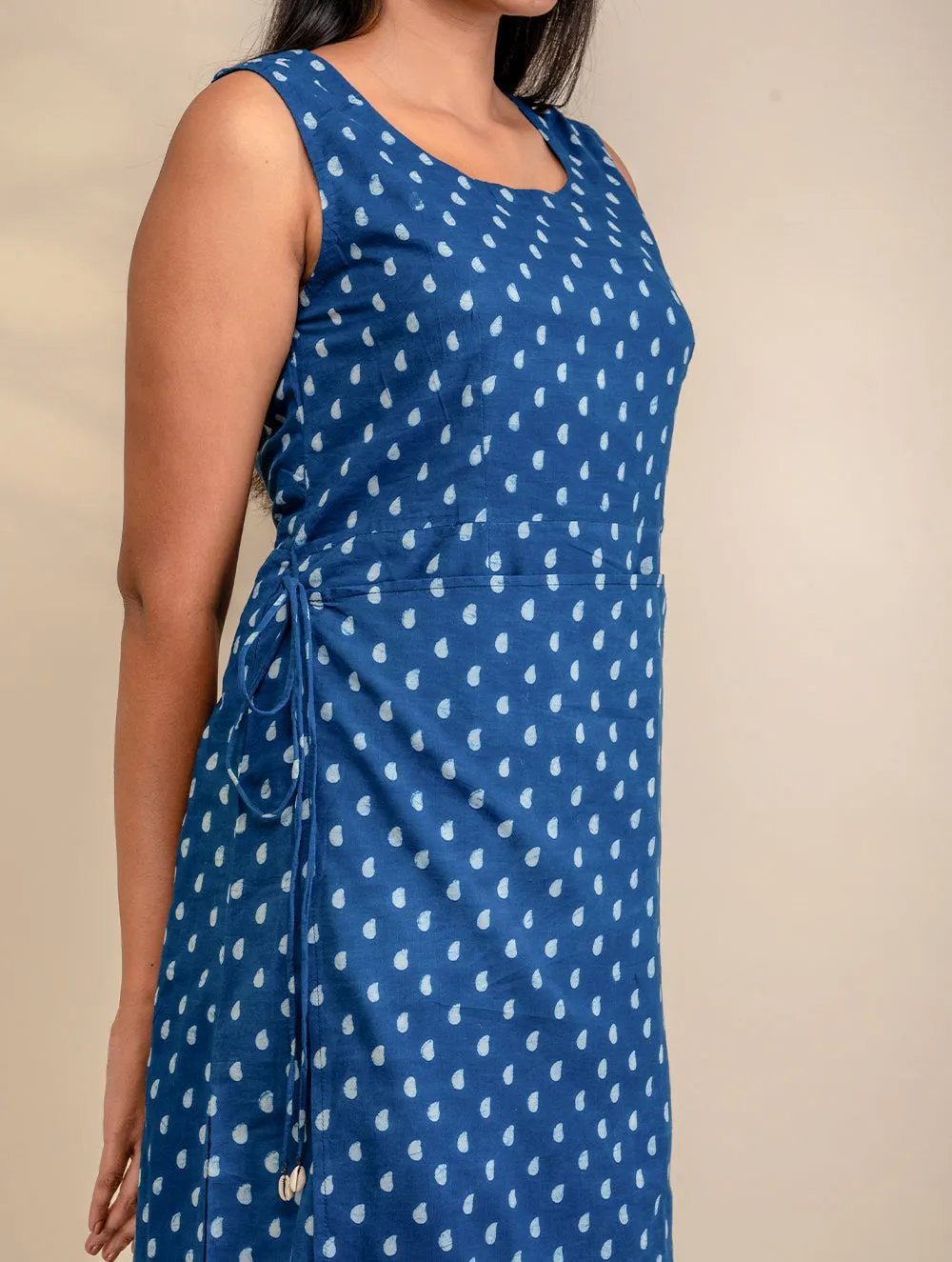 Dabu Block Printed Long Dress With Front Wrap Panel - Indigo Drops