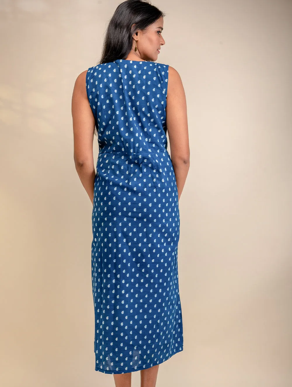 Dabu Block Printed Long Dress With Front Wrap Panel - Indigo Drops