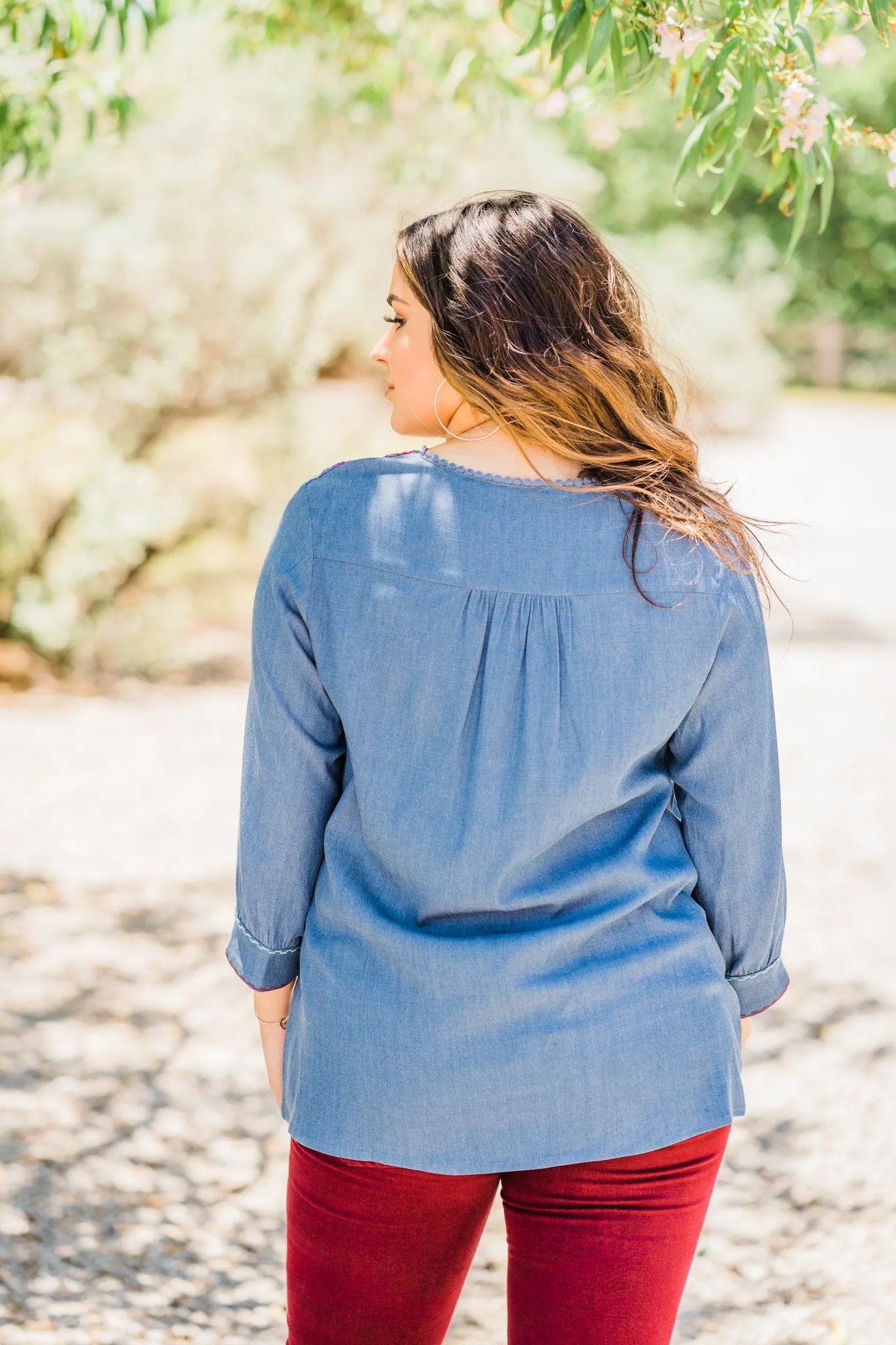 Denim Embroidered Top