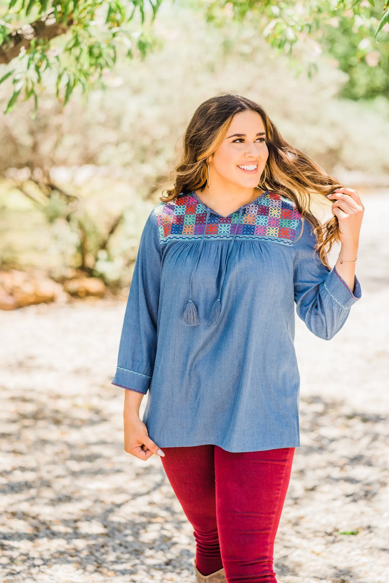 Denim Embroidered Top