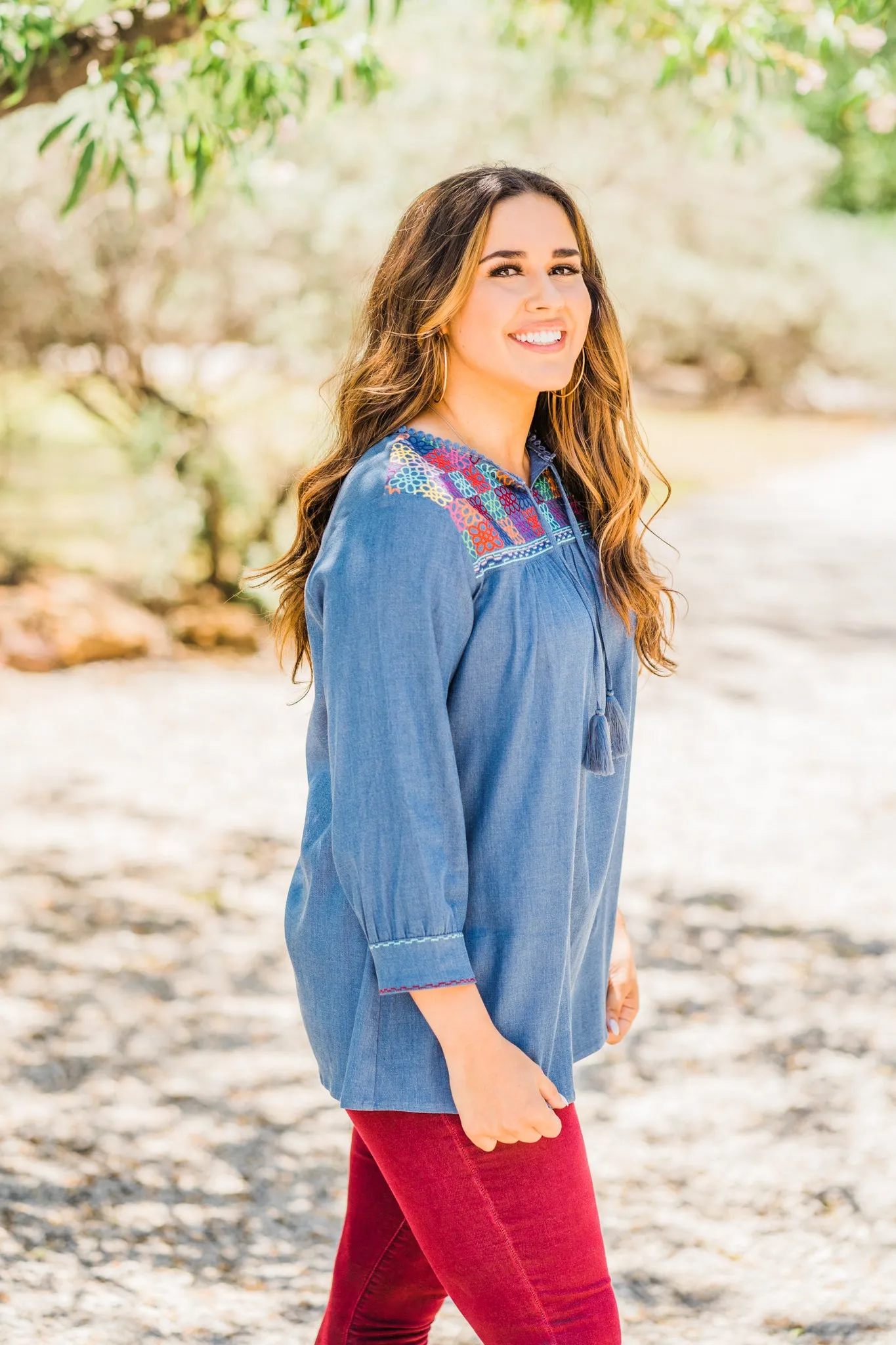 Denim Embroidered Top