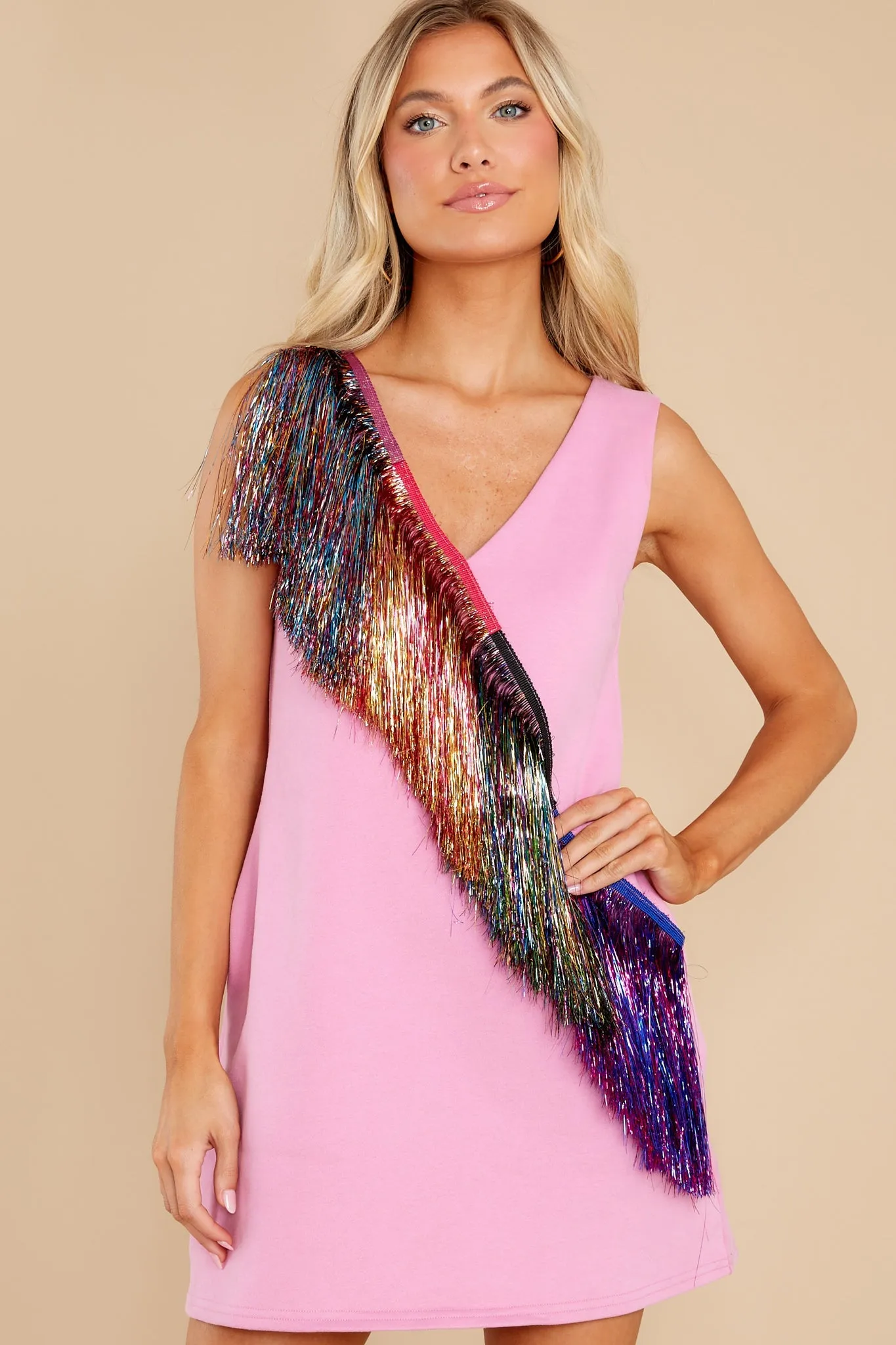Diagonal Metallic Pink Fringe Dress