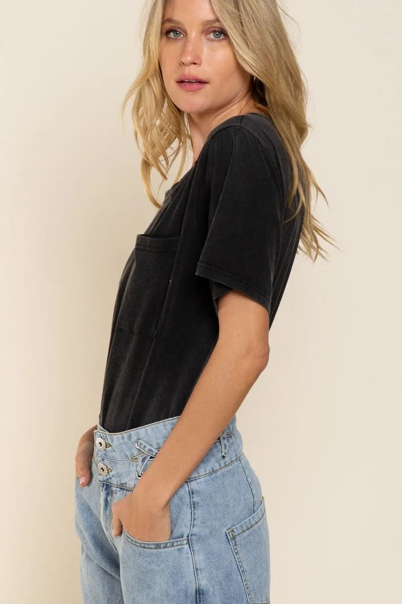 Distressed Short Sleeve Cotton Top, Black