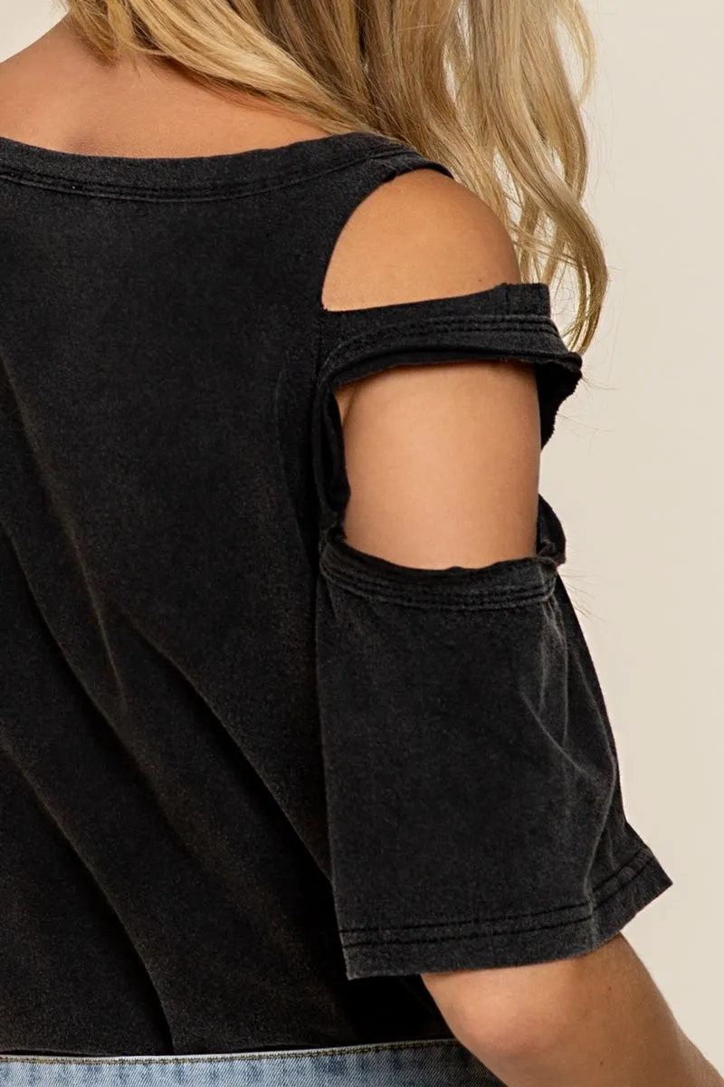 Distressed Short Sleeve Cotton Top, Black