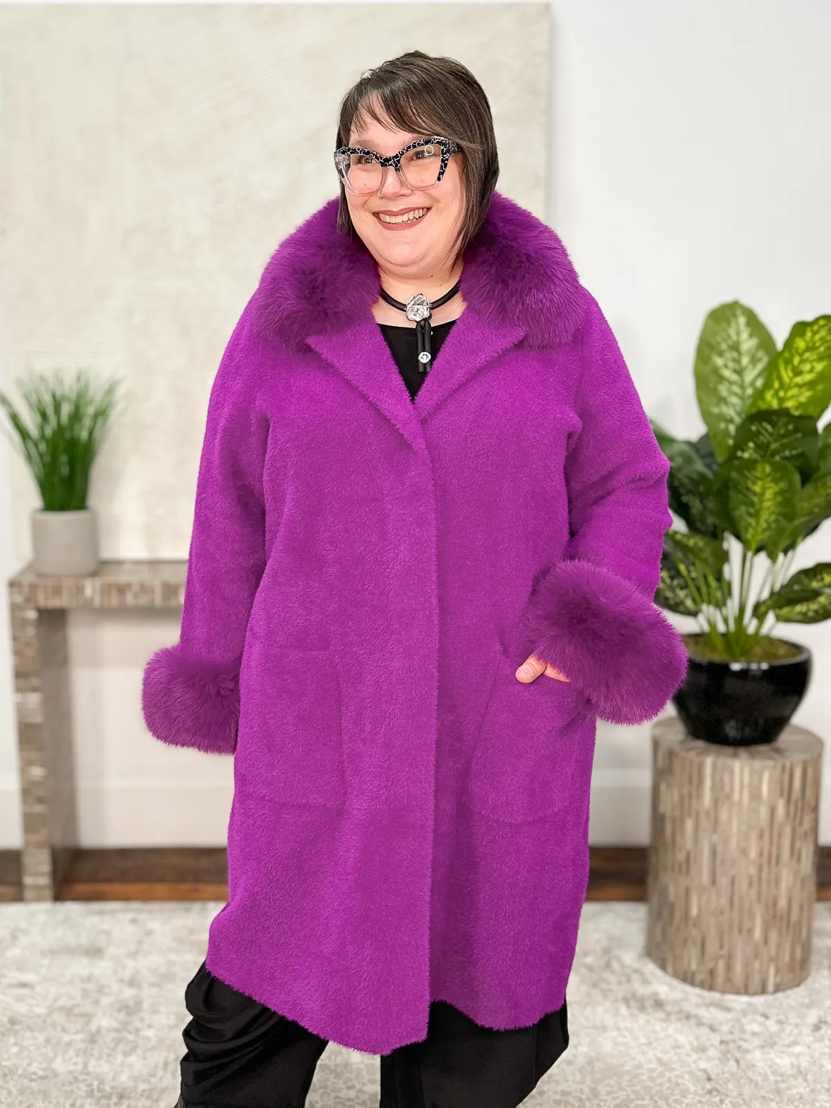 Feather Yarn Faux Fur Trim Sweater Coat, Empress