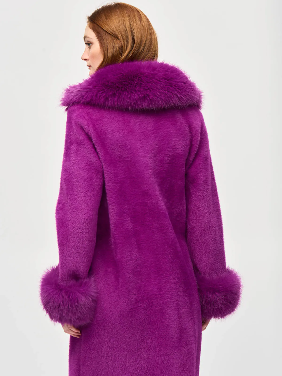 Feather Yarn Faux Fur Trim Sweater Coat, Empress