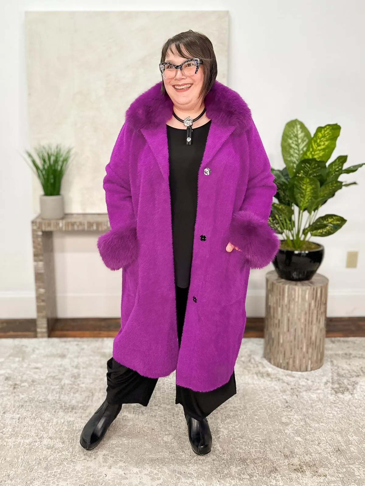 Feather Yarn Faux Fur Trim Sweater Coat, Empress
