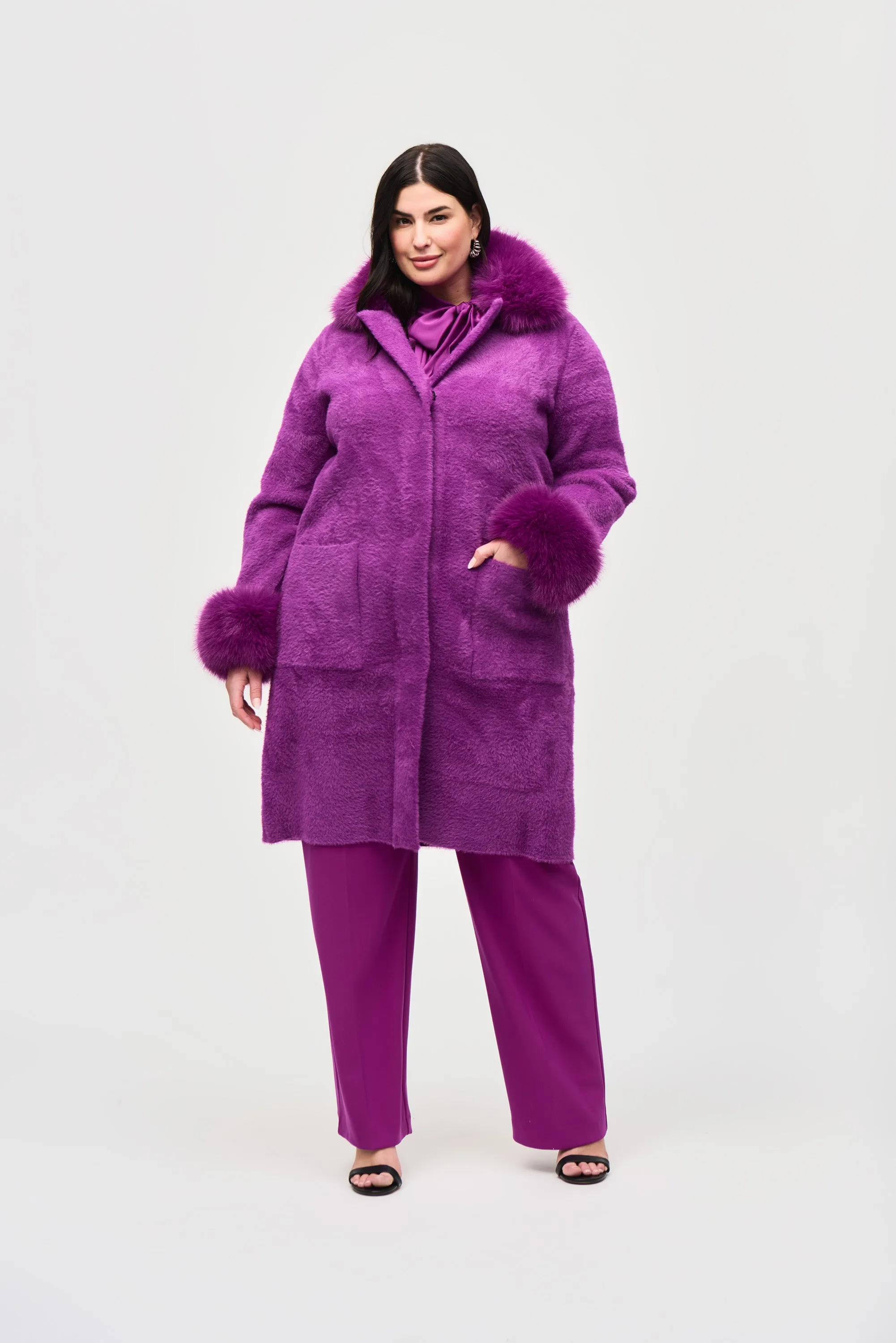 Feather Yarn Faux Fur Trim Sweater Coat, Empress
