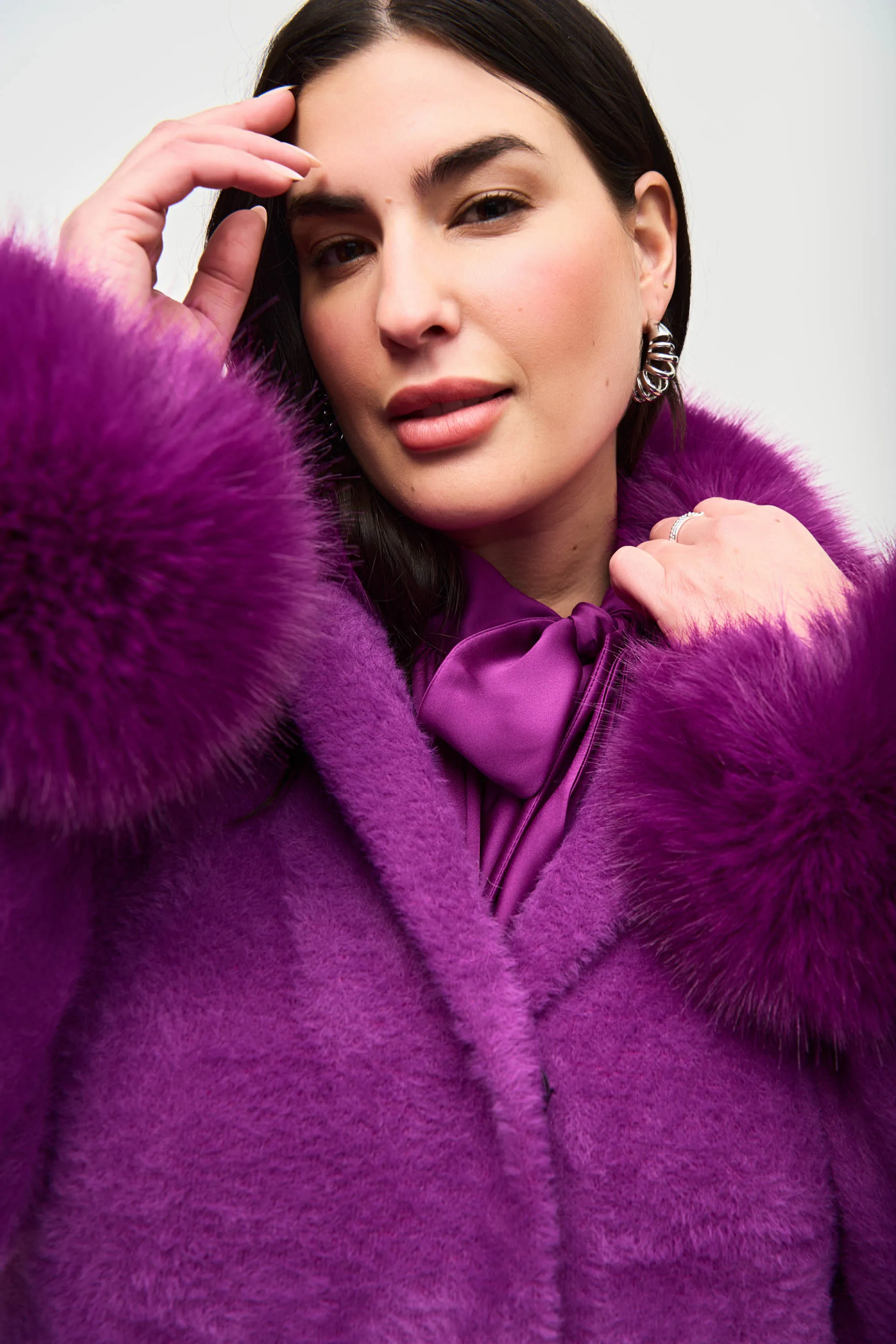 Feather Yarn Faux Fur Trim Sweater Coat, Empress