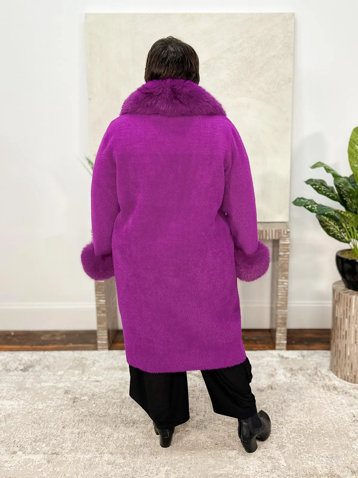 Feather Yarn Faux Fur Trim Sweater Coat, Empress