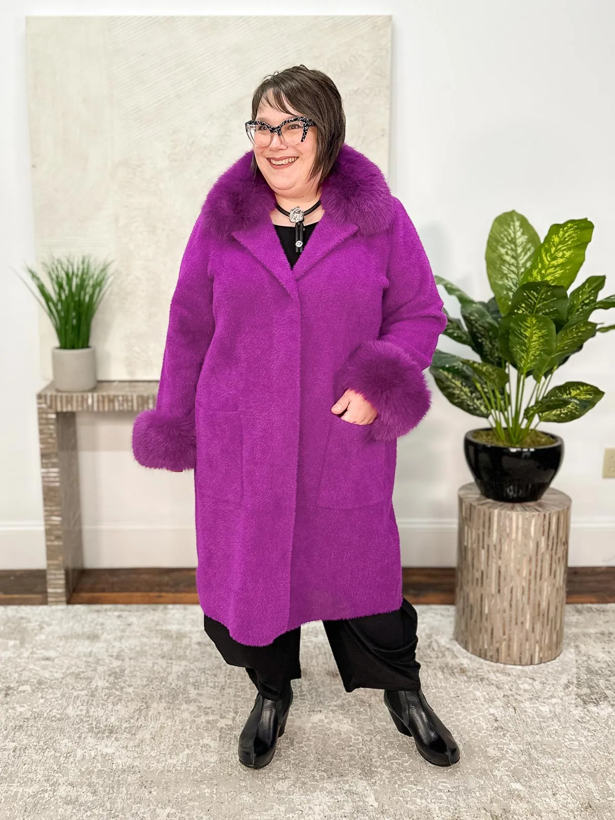 Feather Yarn Faux Fur Trim Sweater Coat, Empress