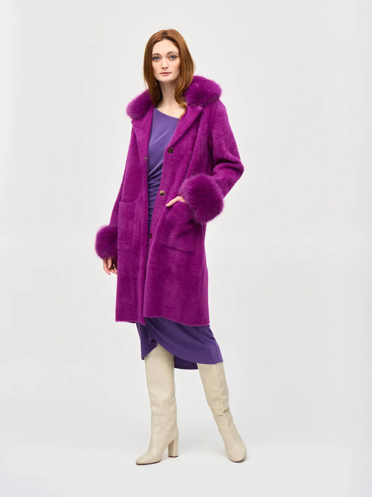 Feather Yarn Faux Fur Trim Sweater Coat, Empress
