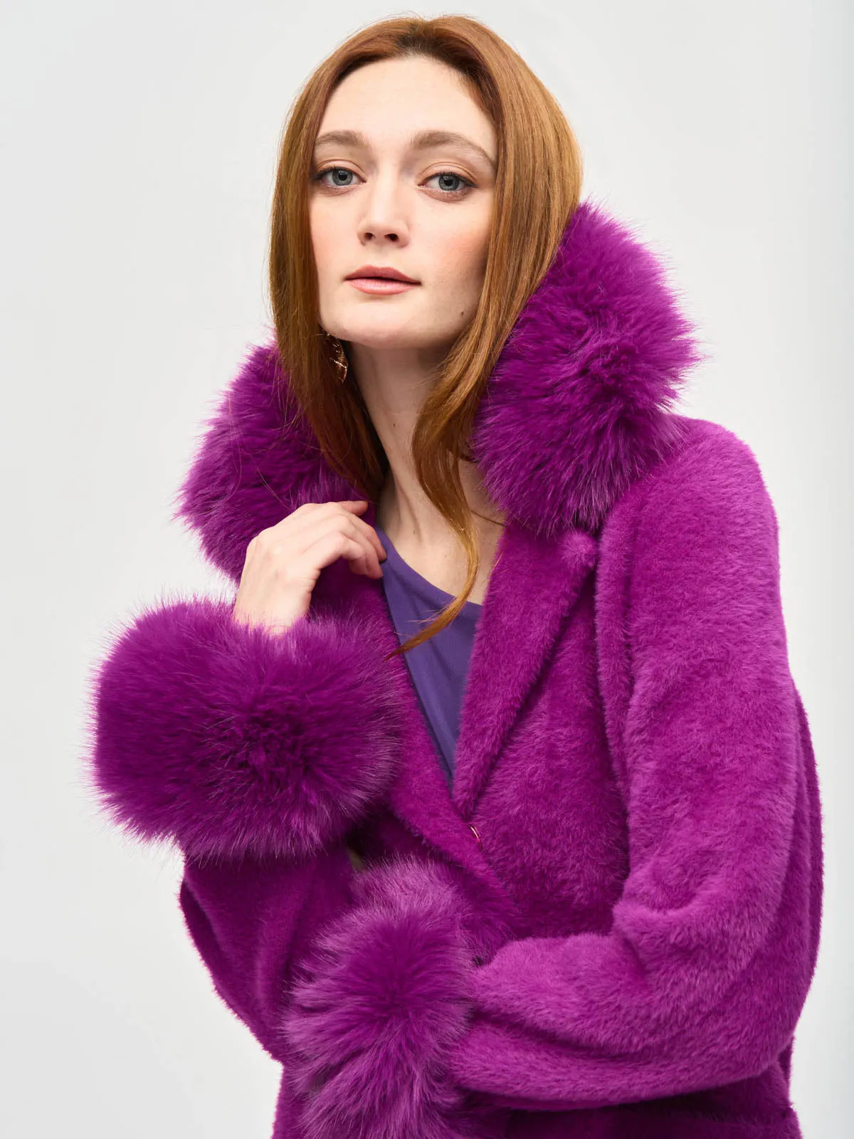 Feather Yarn Faux Fur Trim Sweater Coat, Empress