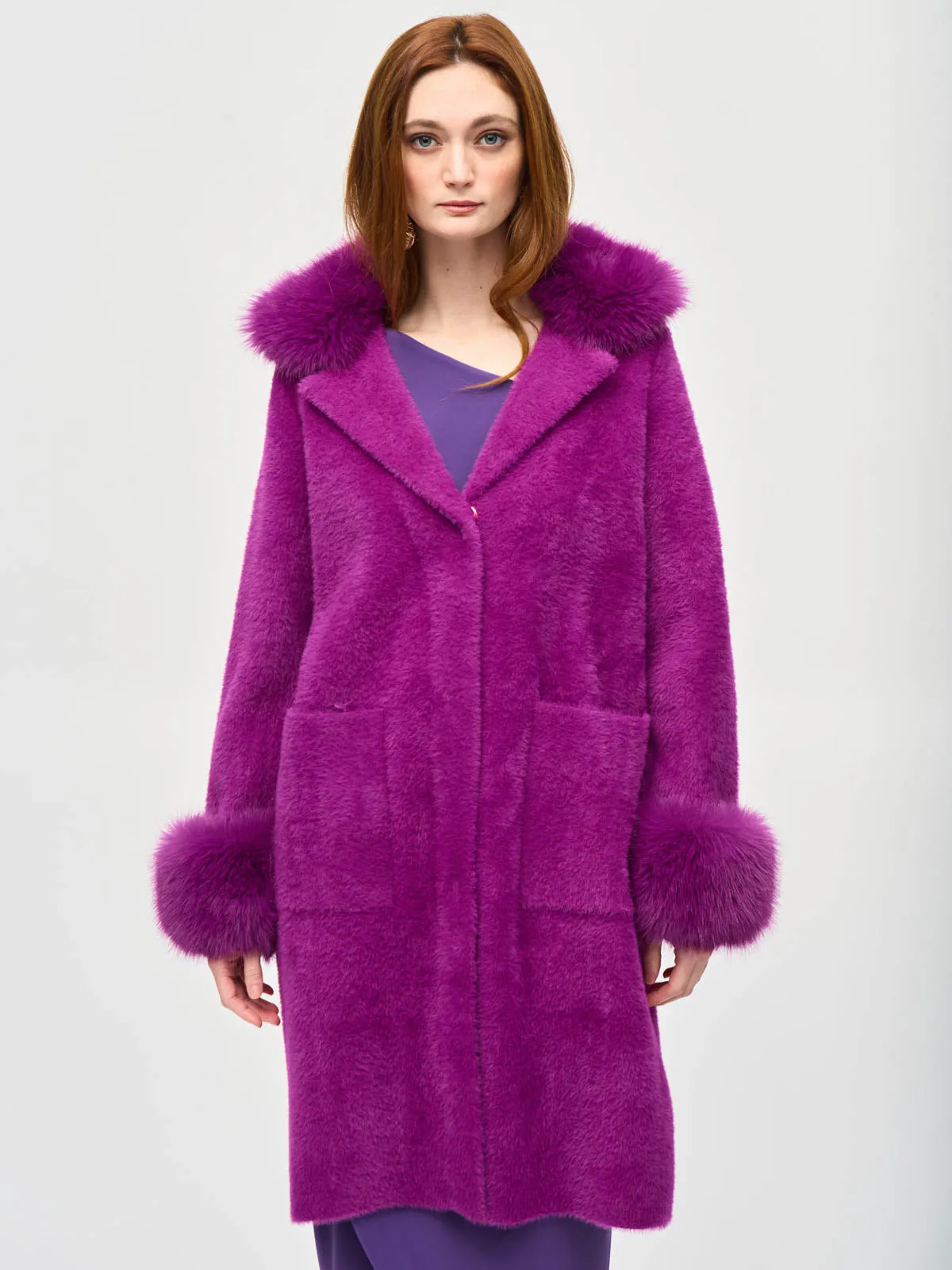 Feather Yarn Faux Fur Trim Sweater Coat, Empress