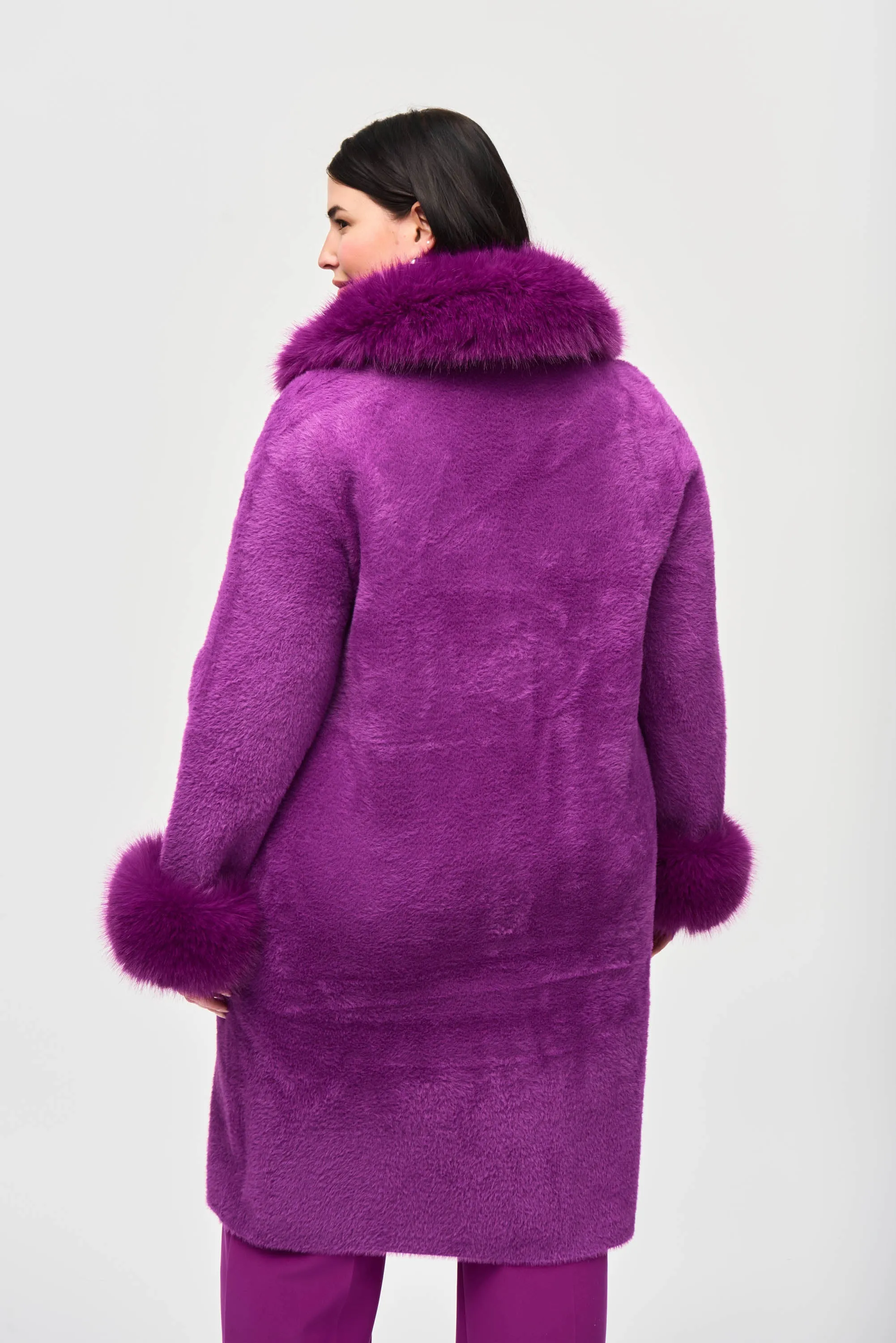 Feather Yarn Faux Fur Trim Sweater Coat, Empress