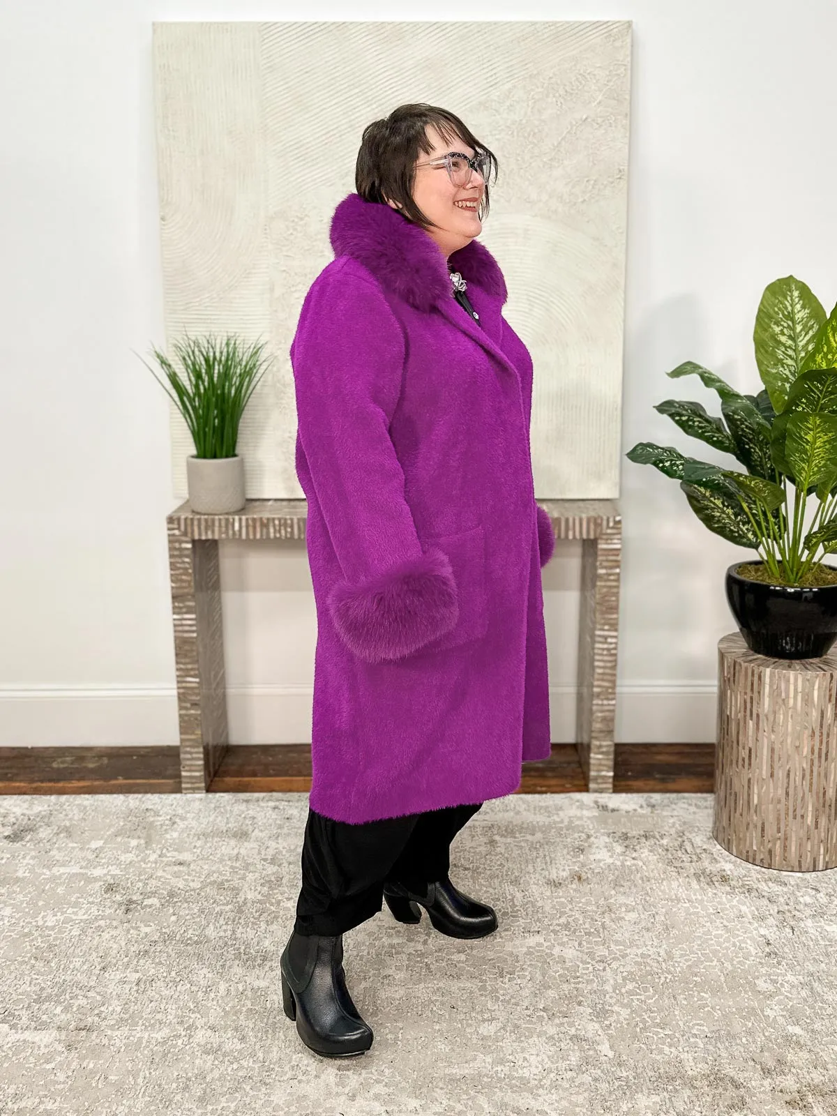 Feather Yarn Faux Fur Trim Sweater Coat, Empress