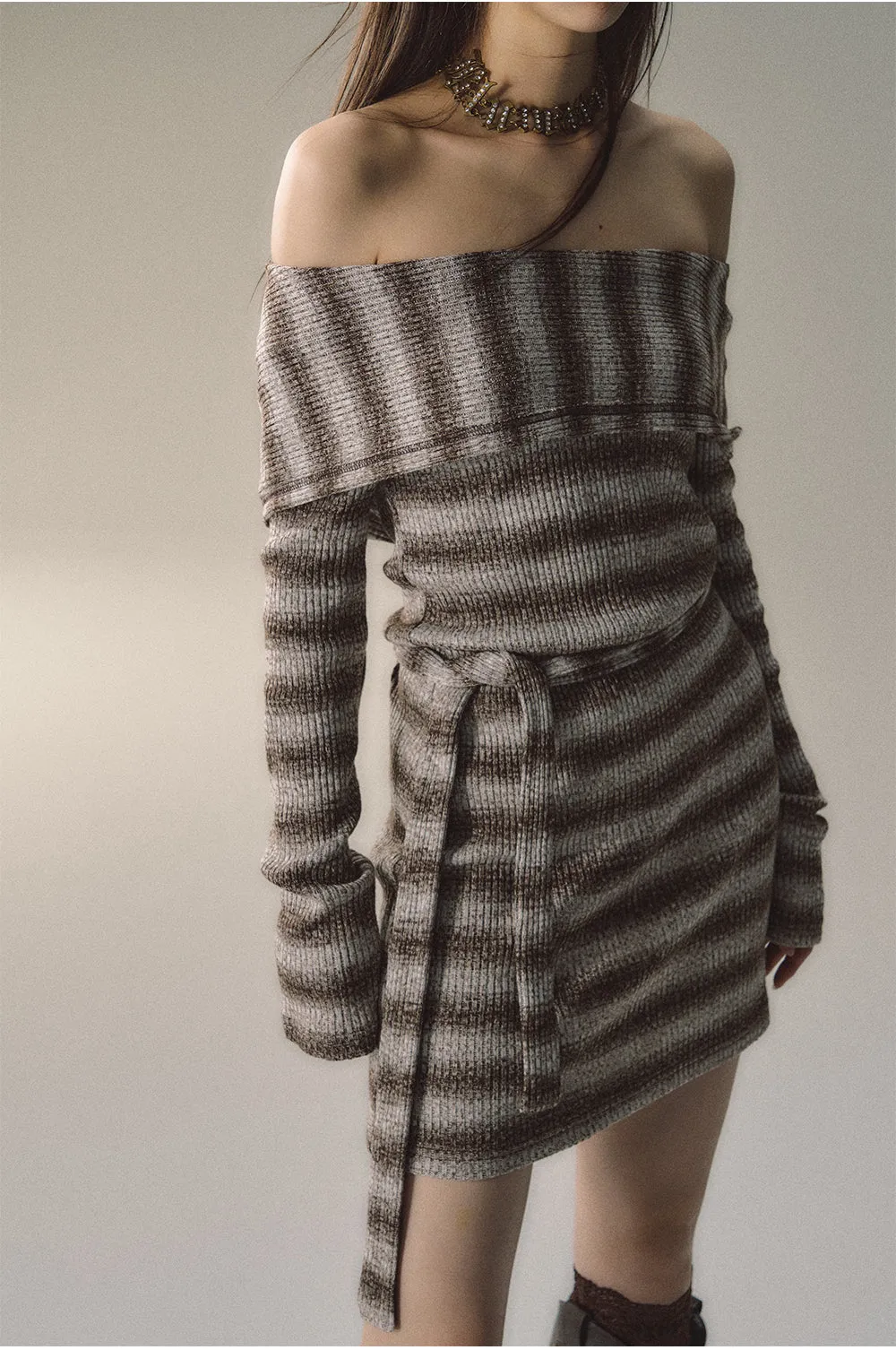 (Final Sale) Grey & Khaki Striped Knit Sweater Dress