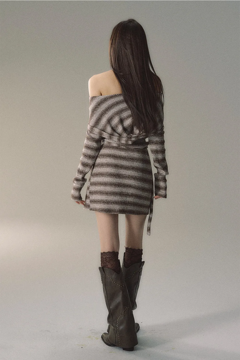 (Final Sale) Grey & Khaki Striped Knit Sweater Dress