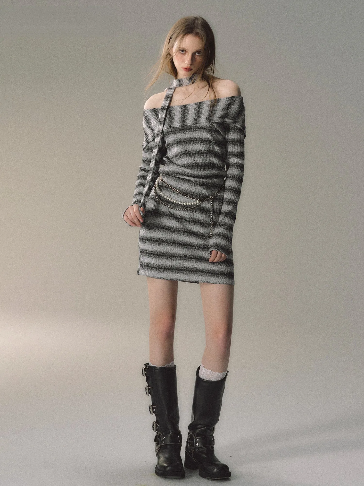(Final Sale) Grey & Khaki Striped Knit Sweater Dress