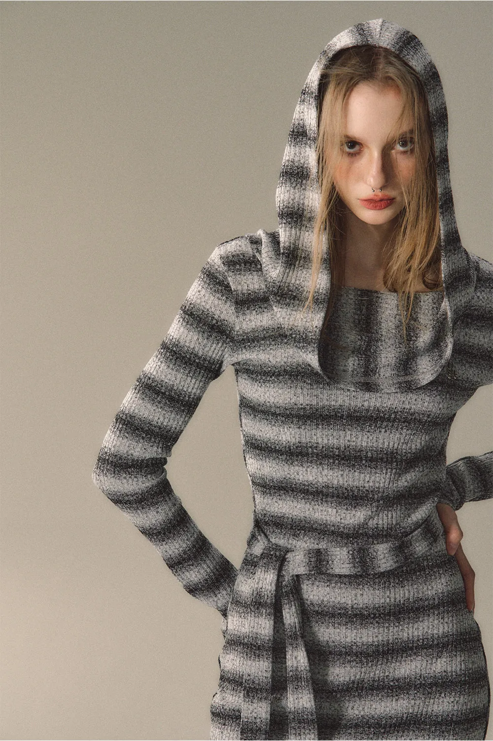(Final Sale) Grey & Khaki Striped Knit Sweater Dress