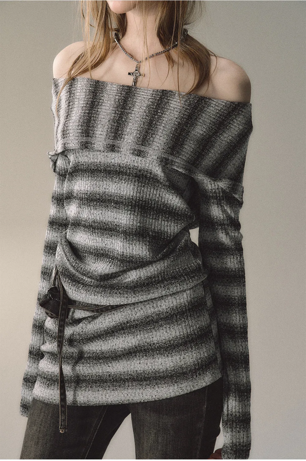 (Final Sale) Grey & Khaki Striped Knit Sweater Dress