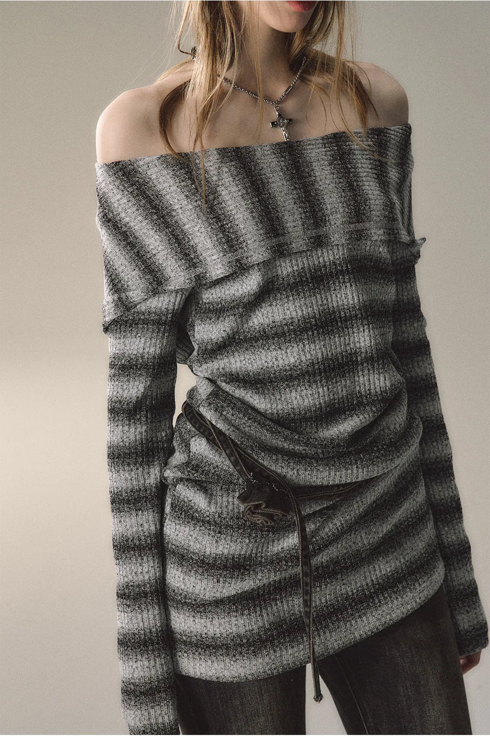 (Final Sale) Grey & Khaki Striped Knit Sweater Dress