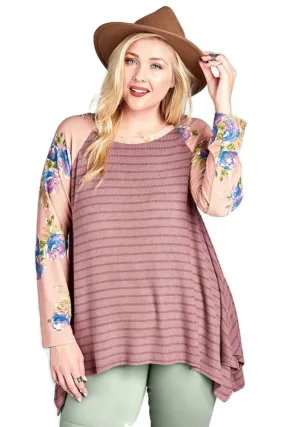 Floral & Striped Knit Trapeze Tunic, Mauve