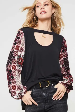 Floral Print Sleeve Knit Top, Black