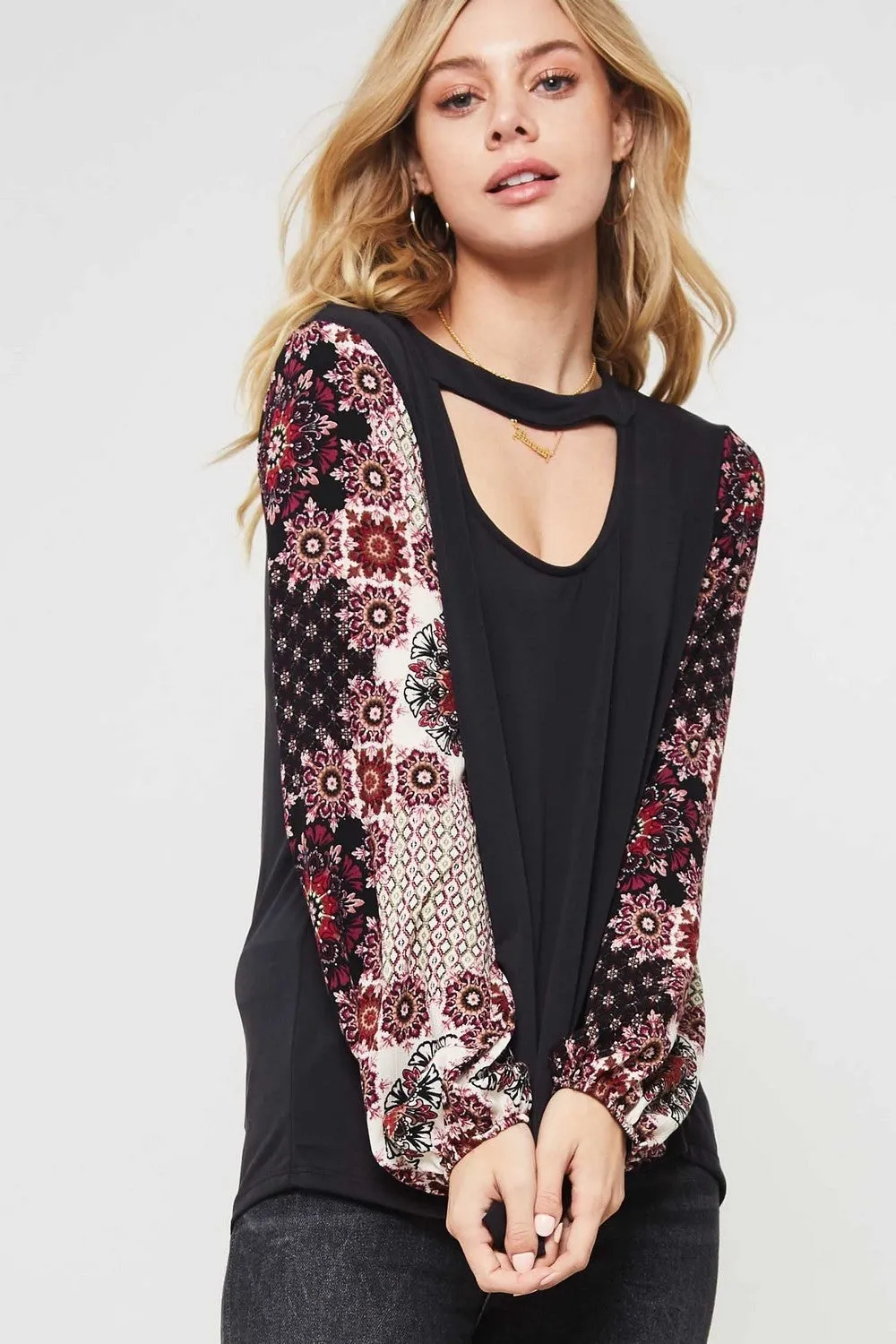 Floral Print Sleeve Knit Top, Black