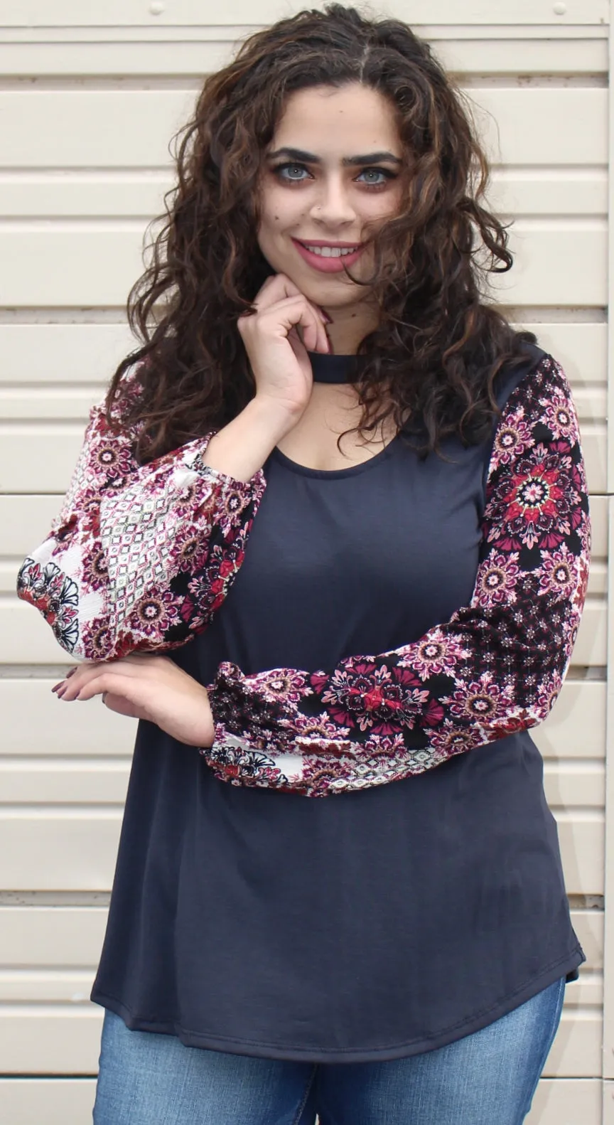 Floral Print Sleeve Knit Top, Black